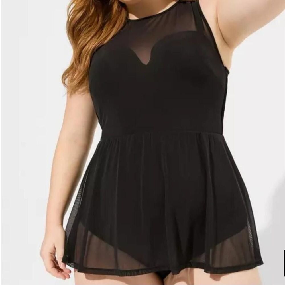 NWT Torrid Size 2 XXL Women's Black Peplum Mesh Overlay Swimsuit One Piece